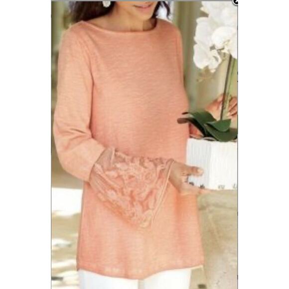 Soft Surroundings Genius Sheer Shirt Bell Sleeve Size S Small Coral Style‎ 2AT46 - Picture 1 of 6